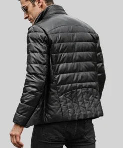 Seattle Men’s black Lambskin Flavor Leather Puffer Jacket with Removable Fur Collar back view