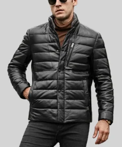 Seattle Men’s black Lambskin Flavor Leather Puffer Jacket with Removable Fur Collar front view