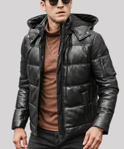 St. Louis Men’s Flavor Leather Puffer Jacket Removable Hooded