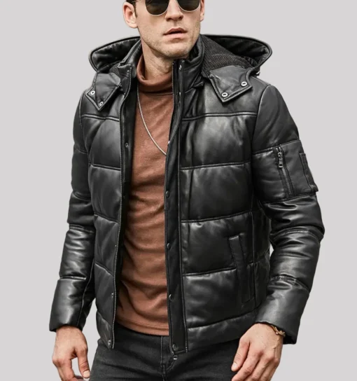 St. Louis Men’s Flavor Leather Puffer Jacket Removable Hooded