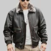 Tom Mens Aviator Bomber Real Cowhide Leather Jacket with Shearling Collar
