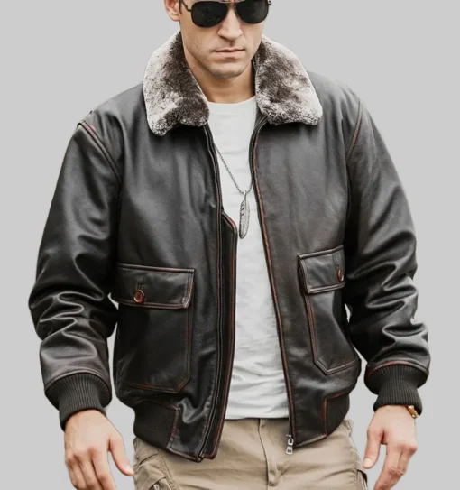 Tom Mens Aviator Bomber Real Cowhide Leather Jacket with Shearling Collar