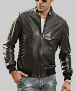 Tucson Mens Stand collar Real Leather Moto Jacket Knit Trim