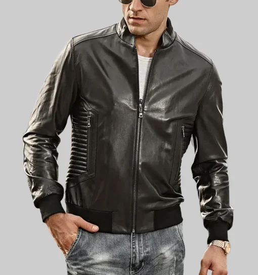 Tucson Mens Stand collar Real Leather Moto Jacket Knit Trim
