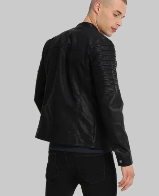 Outer Shell: 100% Genuine Leather Leather Type: Lambskin Lining Material: 100% viscose Closure Style: Zipper Collar Style: Asymmetrical Cuff Style: Zipper Inside Pockets: Two Outside Pockets: Two Color: Black Pattern: Solid color
