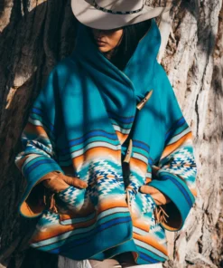 Yellowstone Beth Dutton blue coat – iconic Aztec wool hooded poncho