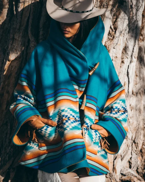 Yellowstone Beth Dutton blue coat – iconic Aztec wool hooded poncho