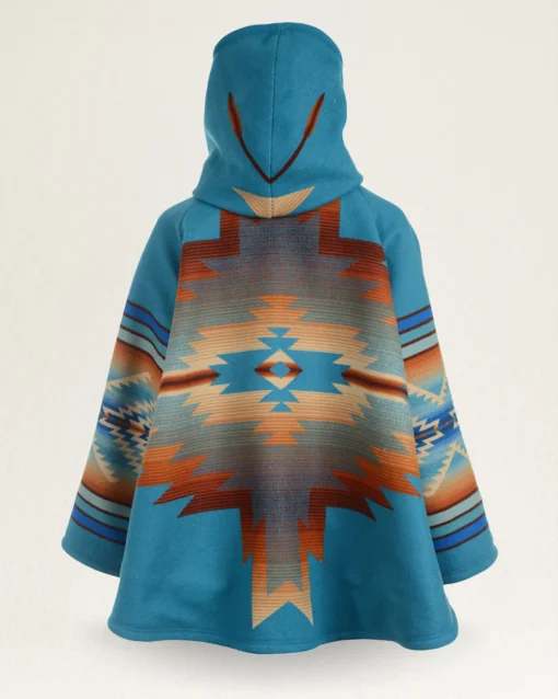 Yellowstone blue wool coat worn by Beth Dutton – Aztec poncho style back view