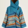 Yellowstone blue wool coat worn by Beth Dutton – Aztec poncho style front view