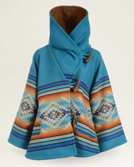 Yellowstone blue wool coat worn by Beth Dutton – Aztec poncho style front view