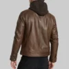 Outer Shell: 100% Genuine Leather Leather Type: Sheepskin Lining Material: Quilted Polyester Lining Hood Detail: Removable, Drawstring Closure Style: Zipper Collar Style: Hooded Cuff Style: Adjustable cuffs with snaps Inside Pockets: Two Outside Pockets: Four Color: Dark Brown Our model is 6′ tall and wearing size M