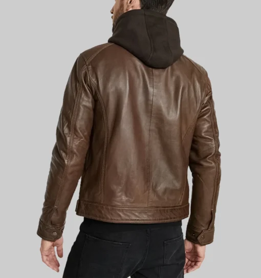 Outer Shell: 100% Genuine Leather Leather Type: Sheepskin Lining Material: Quilted Polyester Lining Hood Detail: Removable, Drawstring Closure Style: Zipper Collar Style: Hooded Cuff Style: Adjustable cuffs with snaps Inside Pockets: Two Outside Pockets: Four Color: Dark Brown Our model is 6′ tall and wearing size M