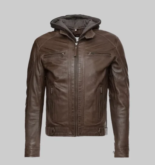 Eric Dark Brown Shearling Hooded Motorcycle Leather Jacket