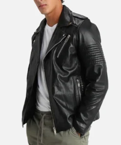 Black Asymmetrical Belted Biker Leather Jacket