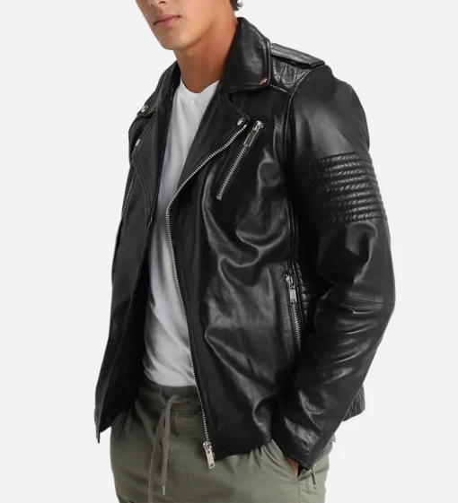 Black Asymmetrical Belted Biker Leather Jacket