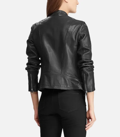 Women’s Black Leather Moto Biker Jacket - Image 2