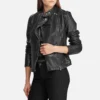 Women’s black leather biker jacket with zipper and moto collar