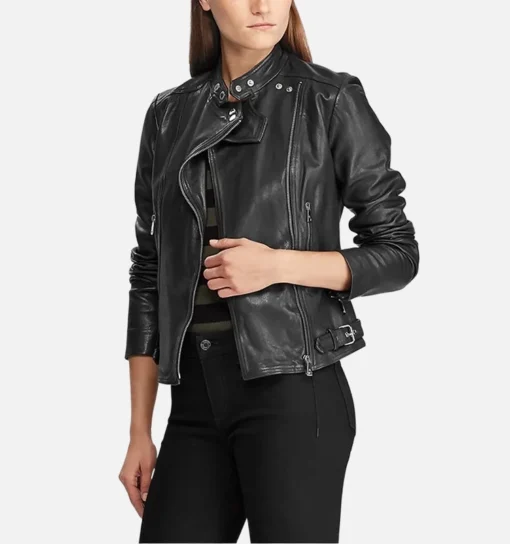 Women’s black leather biker jacket with zipper and moto collar