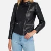 Women’s black leather jacket with quilted shoulders and standing collar