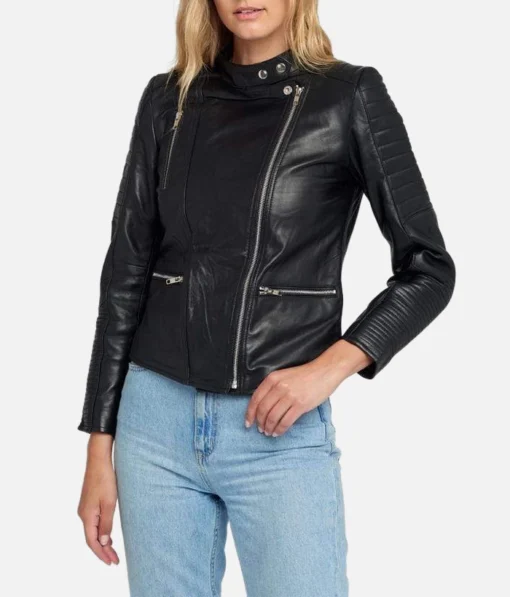 Women’s black leather jacket with quilted shoulders and standing collar