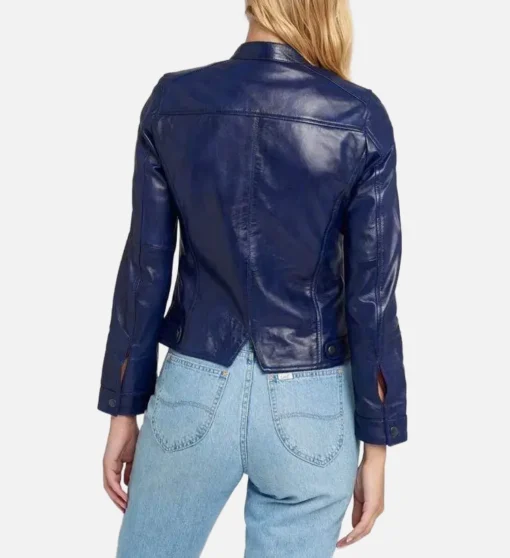 Women’s Blue Cafe Racer Leather Jacket - Image 2