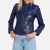Women’s fitted blue cafe racer leather jacket with zipper closure and band collar