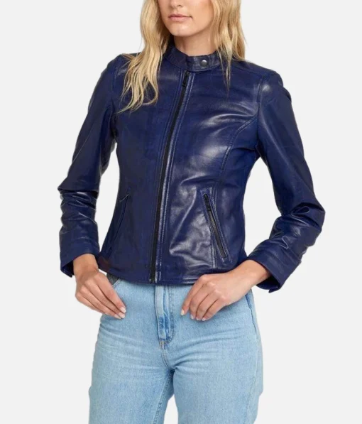 Women’s fitted blue cafe racer leather jacket with zipper closure and band collar