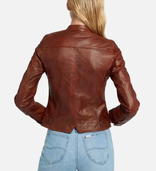 Women’s Brown Lambskin Cafe Racer Jacket - Image 2