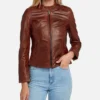 Women’s brown lambskin cafe racer leather jacket with stand collar and button cuffs