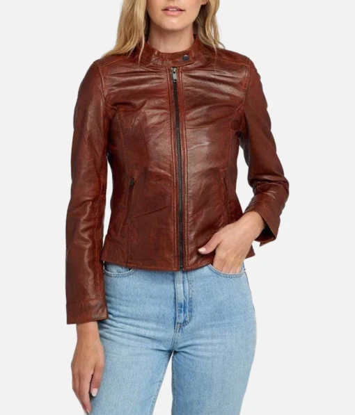 Women’s brown lambskin cafe racer leather jacket with stand collar and button cuffs