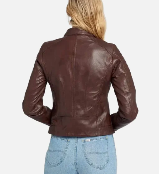 Women’s Brown Cafe Racer Leather Jacket - Image 2