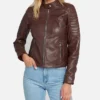 Women’s brown cafe racer leather jacket with quilted sleeves and zipper closure
