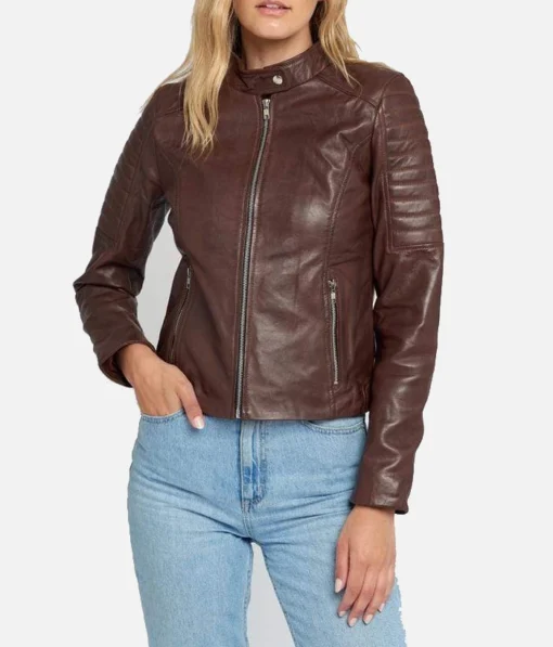 Women’s brown cafe racer leather jacket with quilted sleeves and zipper closure