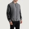Men's Gray Wool Varsity Jacket with Black Leather Sleeves Front View