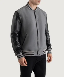 Men's Gray Wool Varsity Jacket with Black Leather Sleeves Front View