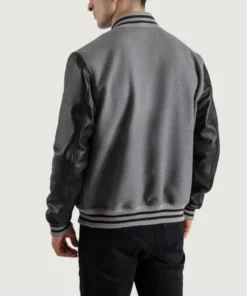 Men's Gray Wool Varsity Jacket with Black Leather Sleeves back view