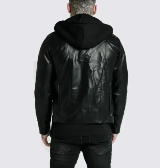 Black Asymmetrical Hooded Biker Jacket - Image 2