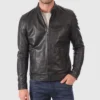 Mens Alpha Black Hoodie Real Leather Jacket image