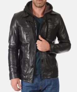 Men's Black Hooded Genuine Leather Jacket