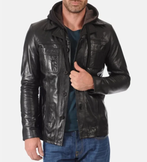 Men's Black Hooded Genuine Leather Jacket