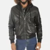 Men’s Black Removable Hooded Leather Bomber Jacket front view