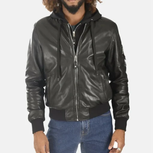 Men’s Black Removable Hooded Leather Bomber Jacket front view