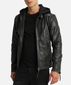 Men’s Black Hooded Biker Jacket front view