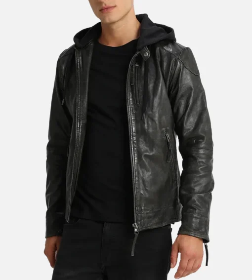 Men’s Black Hooded Biker Jacket front view