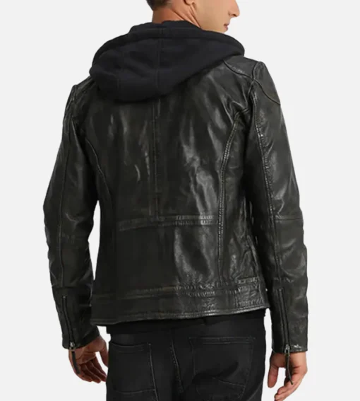 Men’s Black Hooded Biker Jacket back view