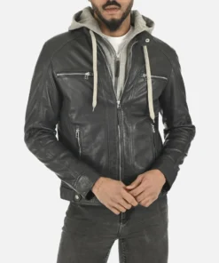 Men’s Hooded Black Leather Jacket