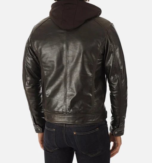 Men’s Hooded Dark Brown Leather Jacket - Image 2