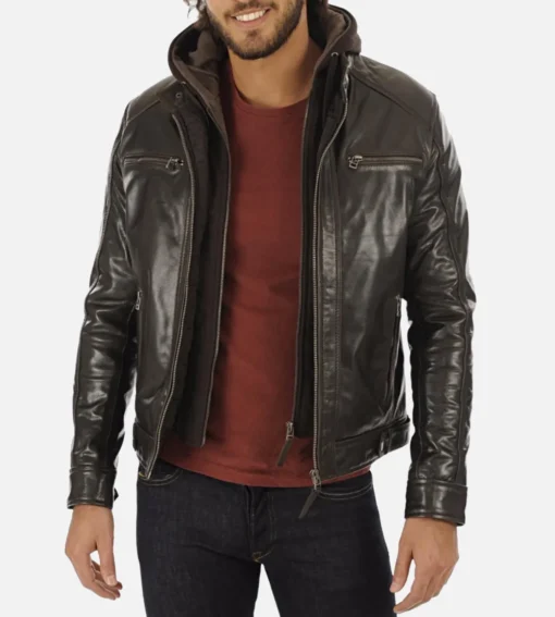 Men’s Hooded Dark Brown Leather Jacket