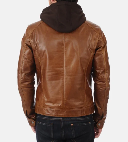 Men’s Cognac Hooded Leather Jacket - Image 3