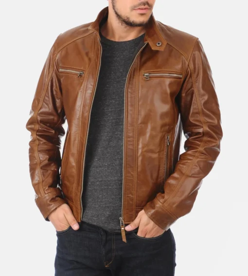 Men’s Cognac Hooded Leather Jacket - Image 2